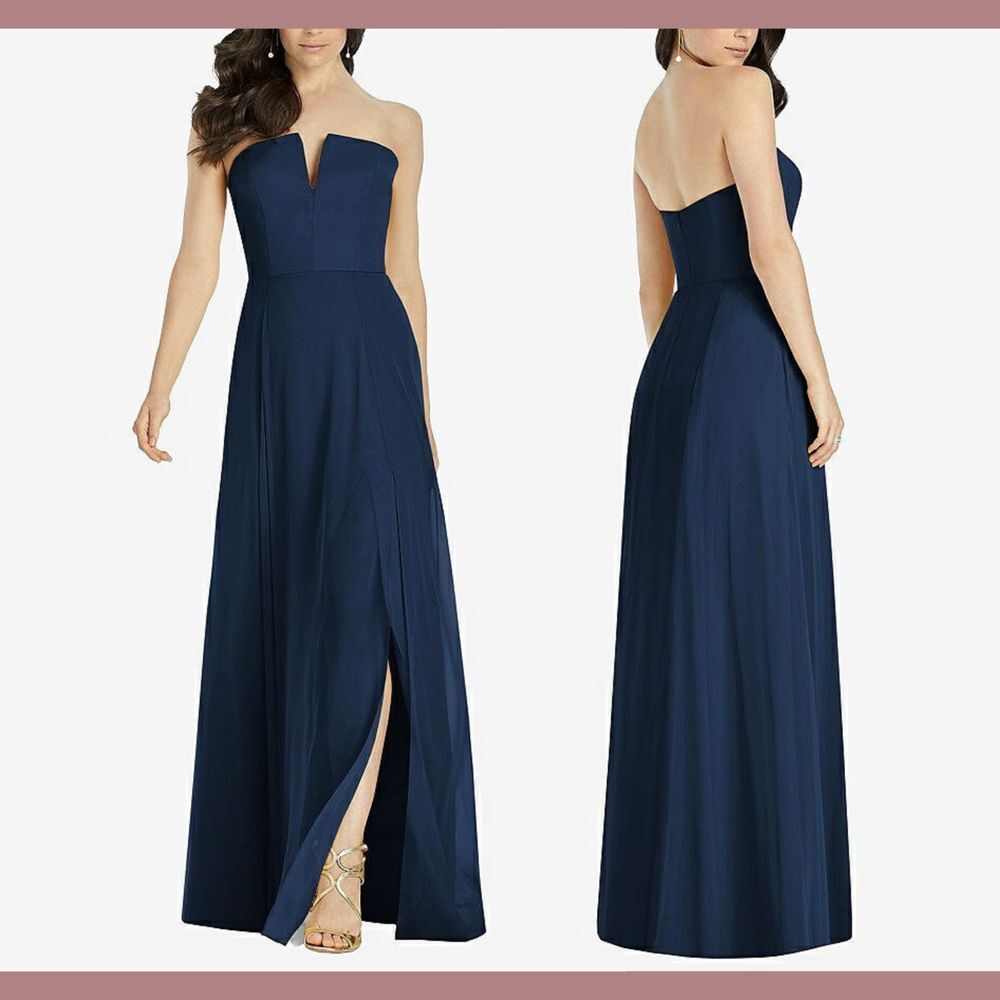 NWT $244 Dessy Collection [ 2 ] Notch Chiffon Maxi Dress In‎ Midnight Navy S1201
